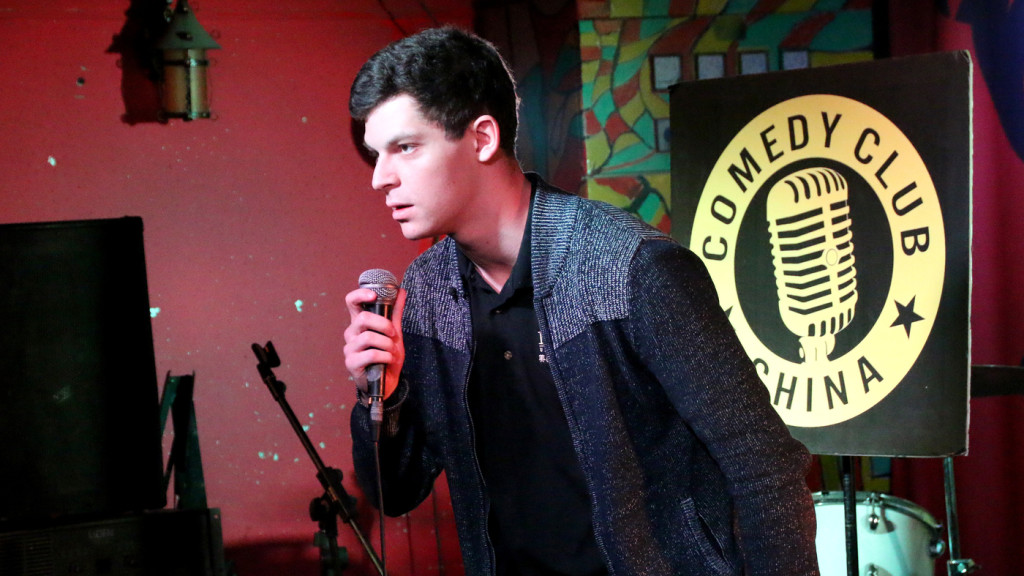 Fulbright Fellow Jesse Appell doing stand-up in China (Photo by NPR)