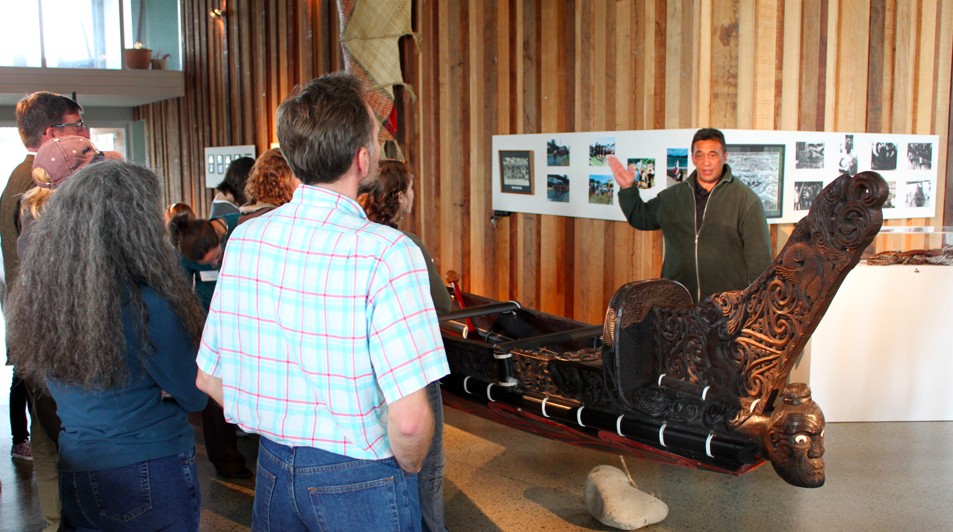 Fulbright grantees are shown a waka during their stay at Waiwhetū Marae