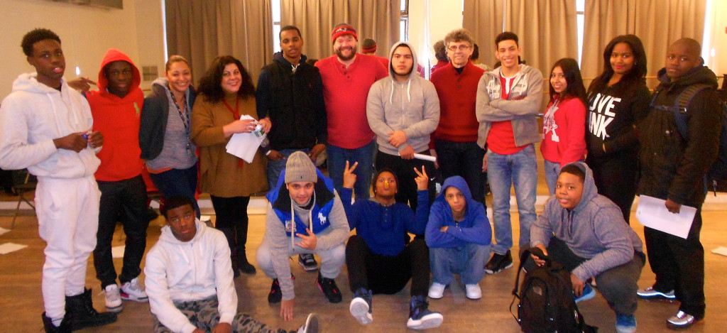 New York City Teaching Fellow Marianthy Karantzes (top row, fourth from left) with her students at a Shakespeare workshop