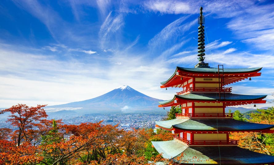 Mt. Fuji with Chureito Pagoda in autumn, Fujiyoshida, Japan. This image is representative of the upcoming fellowship deadlines for the Fellowship Program for Advanced Social Science Research on Japan.