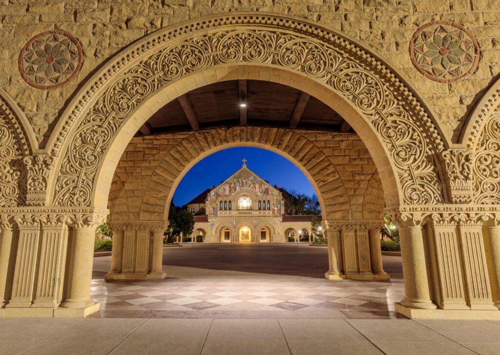 Stanford Memorial Church, as seen from the Main Quad on the Stanford University campus in Stanford, California, USA.