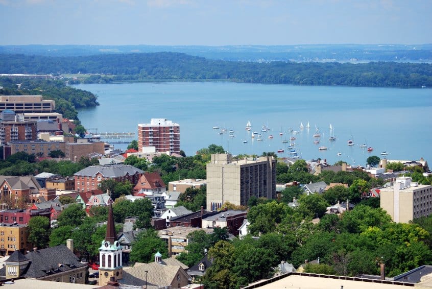 Aerial view of downtown Madison, Wisconsin and Lake Monona