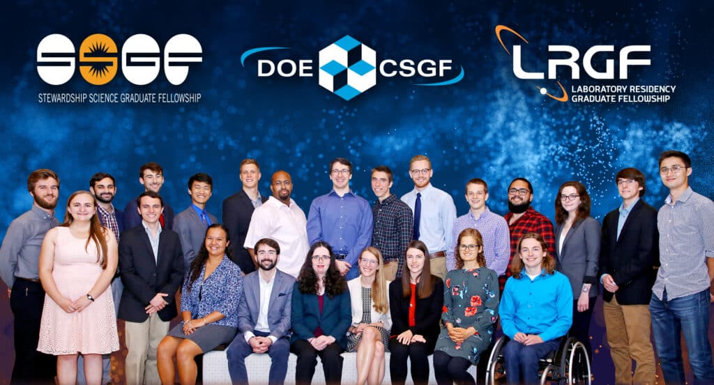 DOE Fellows sit in front of a dark blue background. The Stewardship Science Graduate Fellowship, DOE CSGF and Laboratory Residency Graduate Fellowship logos are at the top of the image.