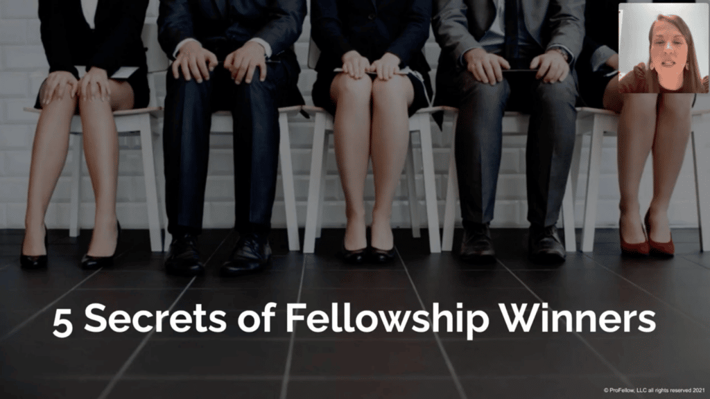 Slide from Dr Vicki Johnson's presentation with the title 5 Secrets of Fellowship Winners showing five candidates awaiting an interview