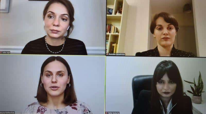 Maryna Venneri (Parfenchuk) and the first cohort of Black Sea Research Fellows, three other women, discussing their research projects online via Zoom.