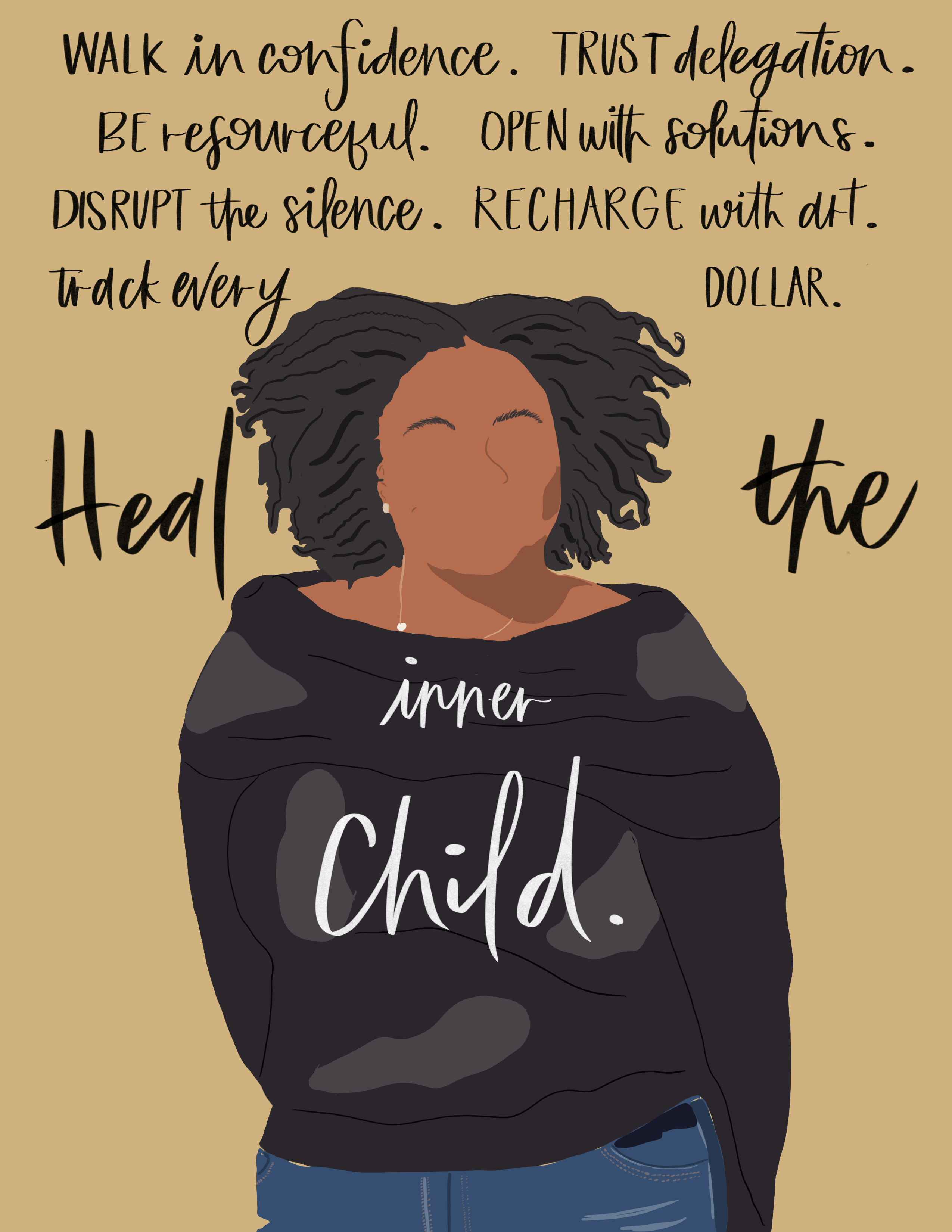 Graphic of black woman with curly hair and program manifesto