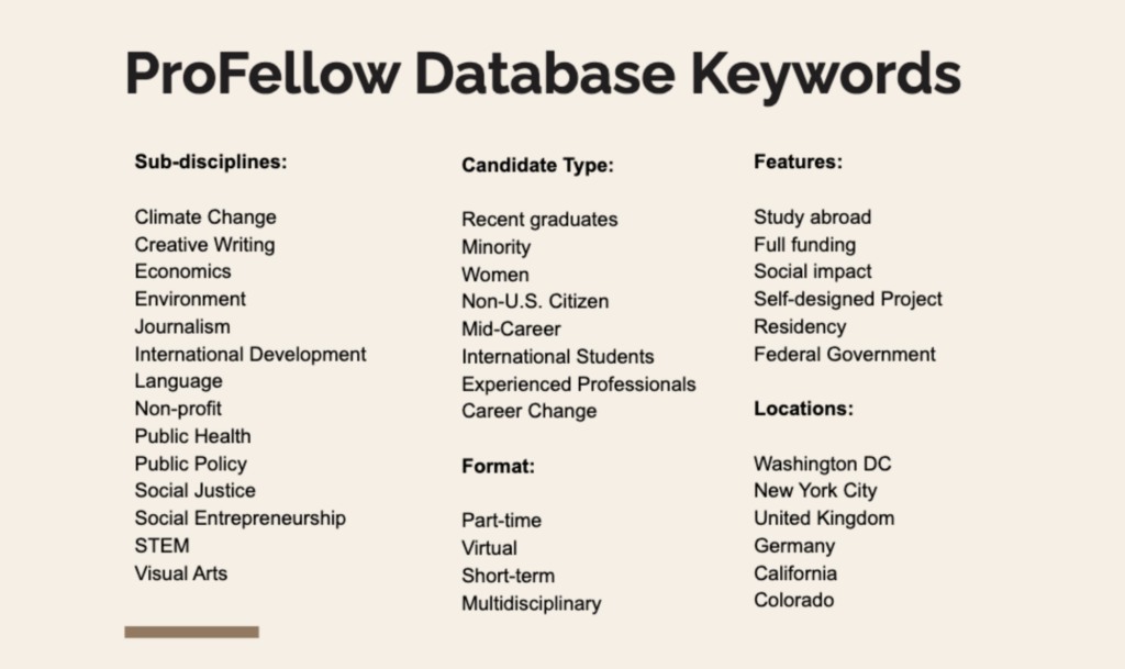 A list of commonly used keyword searches performed in the ProFellow database to find fellowships and fully funded graduate programs