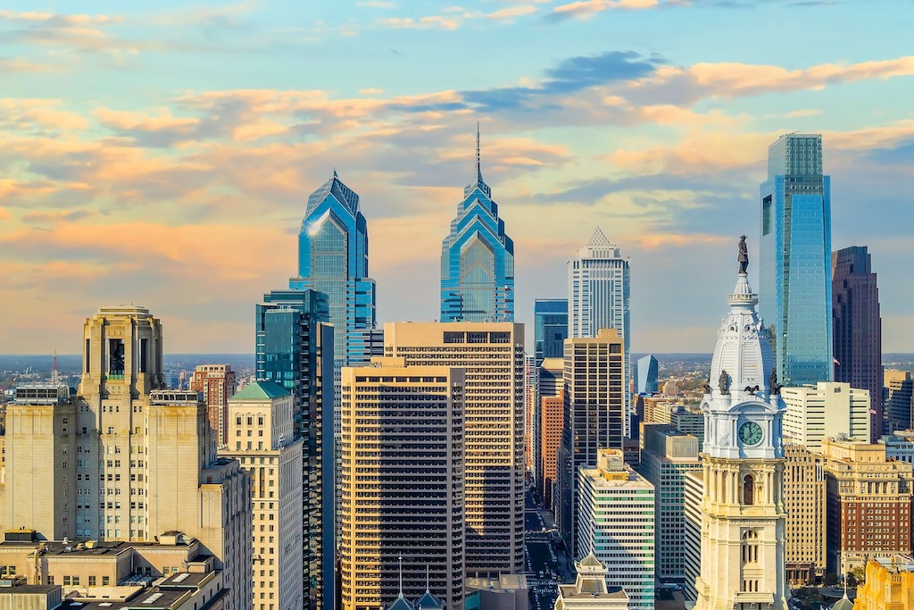 Philadelphia downtowncity skyline, cityscape in Pennsylvania USA at sunset from top view