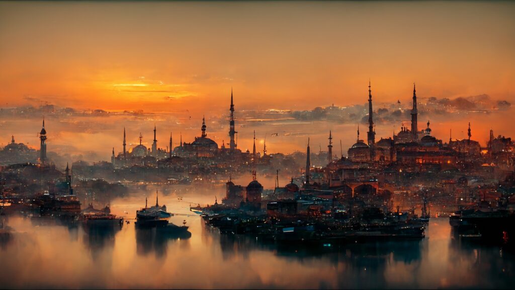 Panoramic view of Istanbul, Turkey at sunset with a panoramic view of its gorgeous historical mosques.