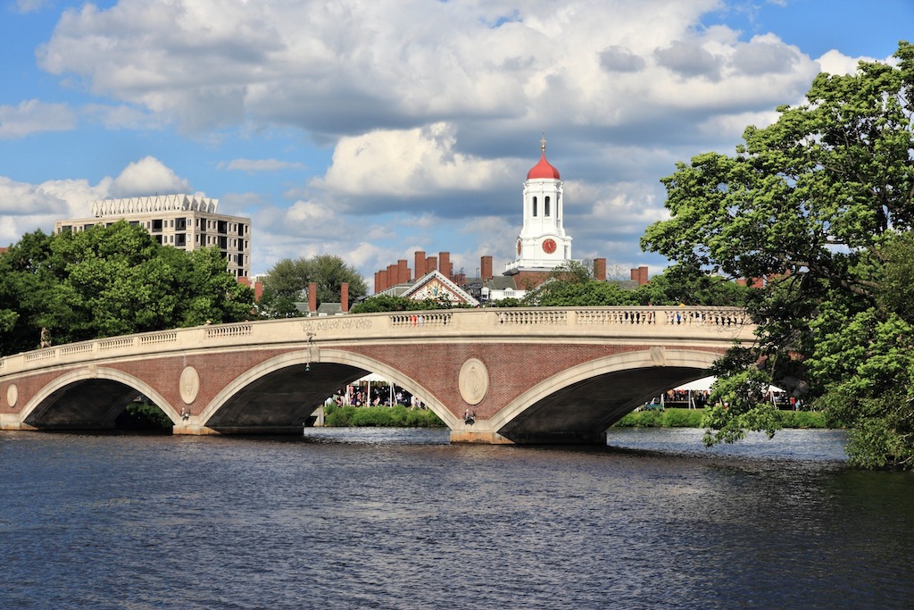 Cambridge, Massachusetts. Harvard University campus with Charles River bridge.
