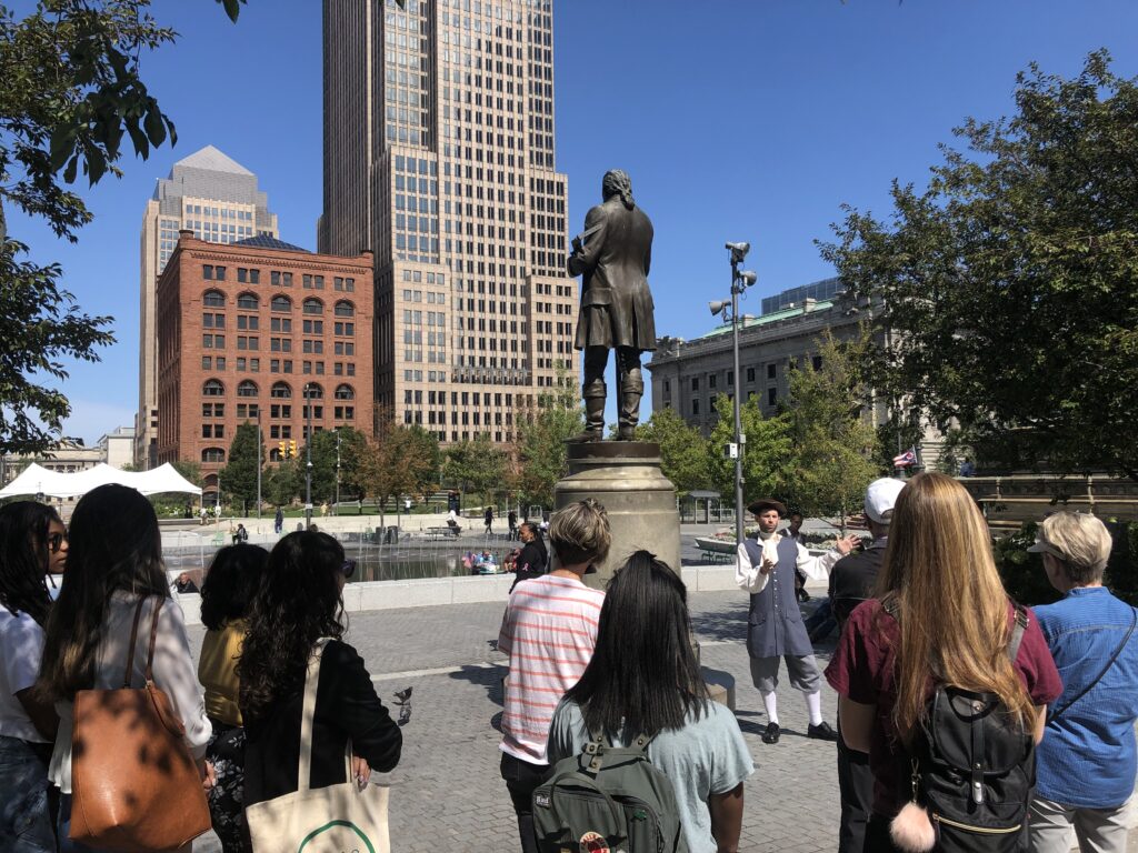 Cleveland Foundation Public Service Fellowship Fellows on a walking tour of the Public Square in Cleveland, Ohio.