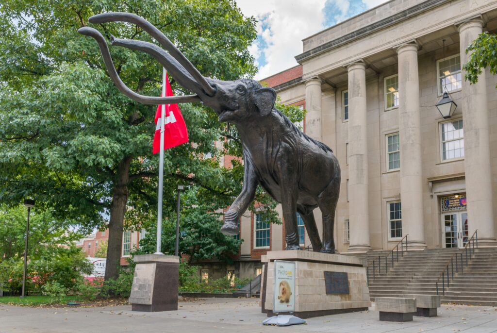 The University of Nebraska-Lincoln offers a fully funded master's program in Political Science. Pictured is the Archie the Mammoth sculpture in Lloyd G. Tanner Plaza on the campus of the University of Nebraska, in Lincoln Nebraska.