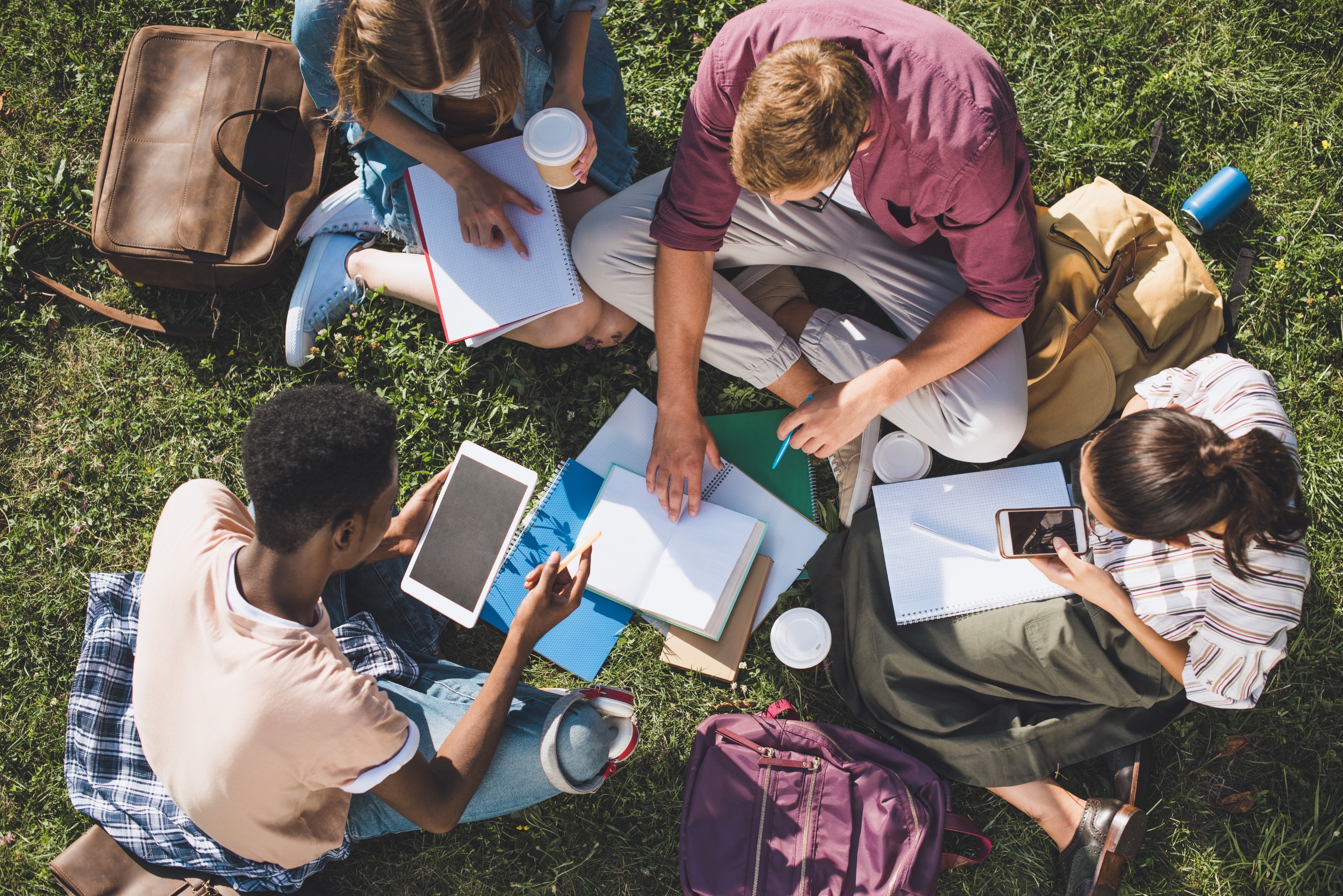 A group of students in one of the Fully Funded Master's Programs in Sociology studies together on the campus lawn.