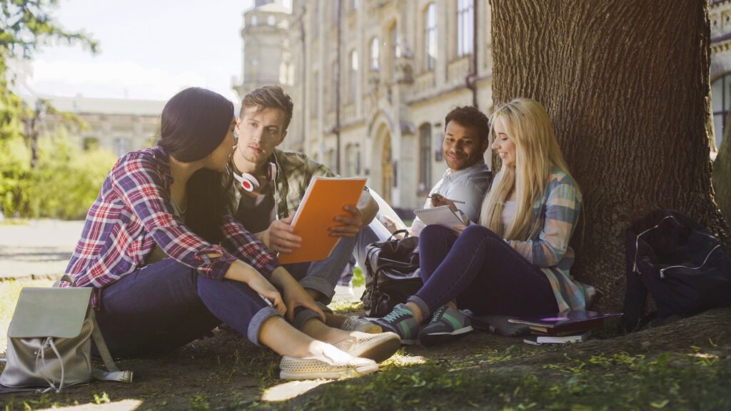 College students having discussion under tree on campus, preparing for exams.