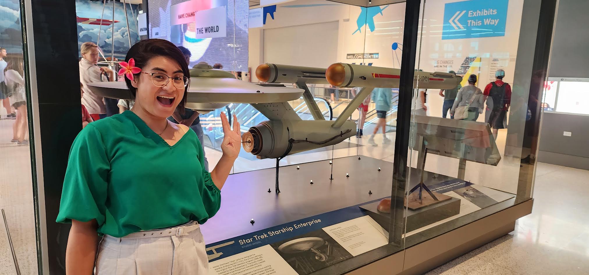 Natalia Fareti standing in front of the Star Trek exhibit in the National Air and Space Museum in Washington D.C.