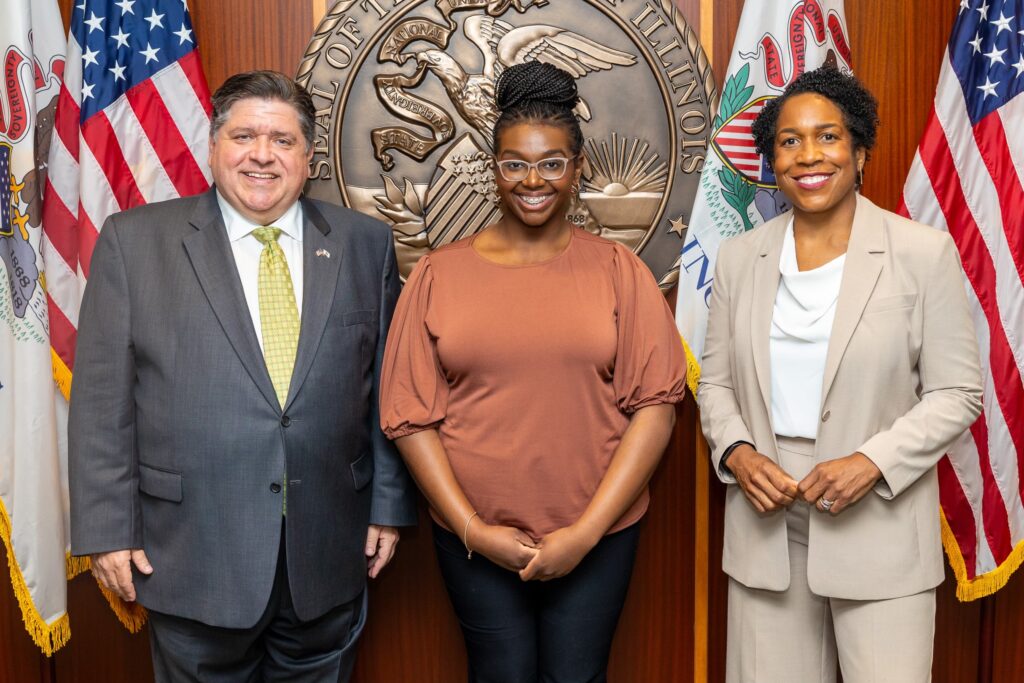 From left to right, the Governor of Illinois, J.B. Pritzker, Je’Mia Irving, and the Lieutenant Governor of Illinois, Juliana Stratton, after the last James H. Dunn, Jr. Memorial Fellowship Lunch & Learn for the ‘22-‘23 cohort.