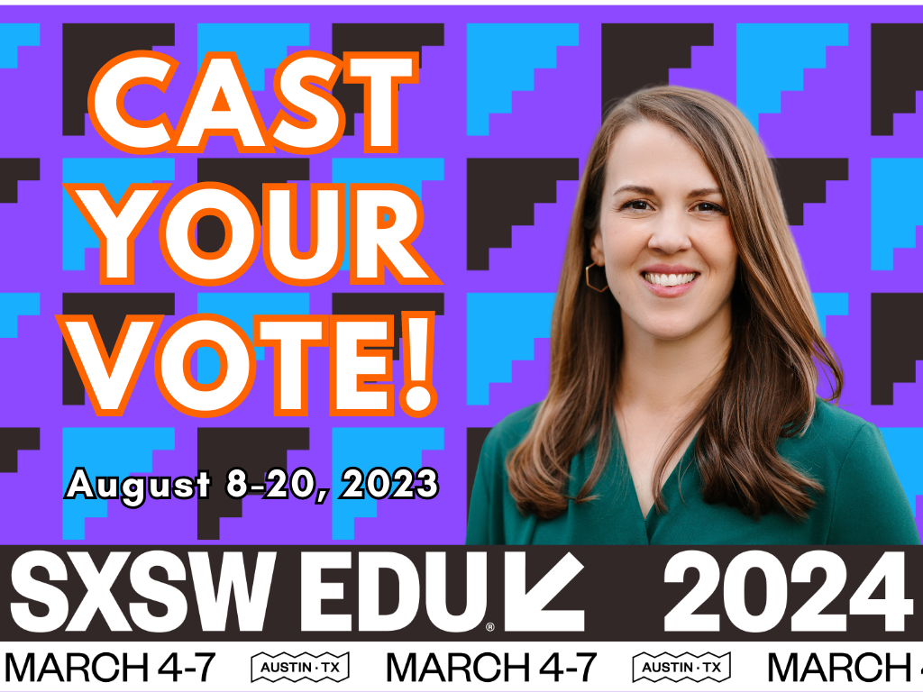 Photo of ProFellow founder and director Dr. Vicki Johnson smiling against a patterned purple, black, and blue background with a call to action to cast your vote for her workshop proposal How to Design Your Career Through Experiential Education for SXSW EDU 2024