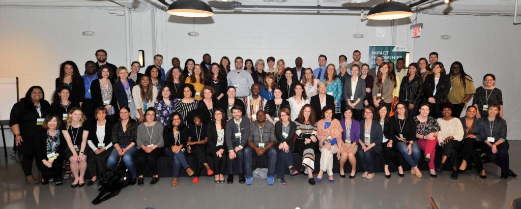 Group photo of The Impact Fellowships Summit (IFS) Community from the 2019 conference, which had over 70 attendees. The Impact Fellowships Summit (IFS) is hosted by IREX.