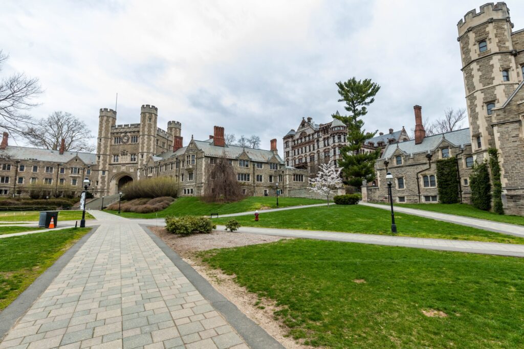 The Princeton School of Public and International Affairs offers a fully funded Master's in Public Policy (MPP) degree for rising international and domestic public policy leaders. This is a photo of the Princeton University Campus on a cool, cloudy early spring morning.