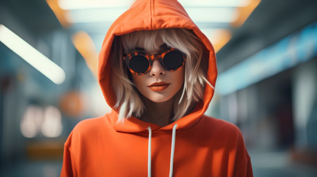 Fashionable blonde girl in orange hoodie and sunglasses on the street.