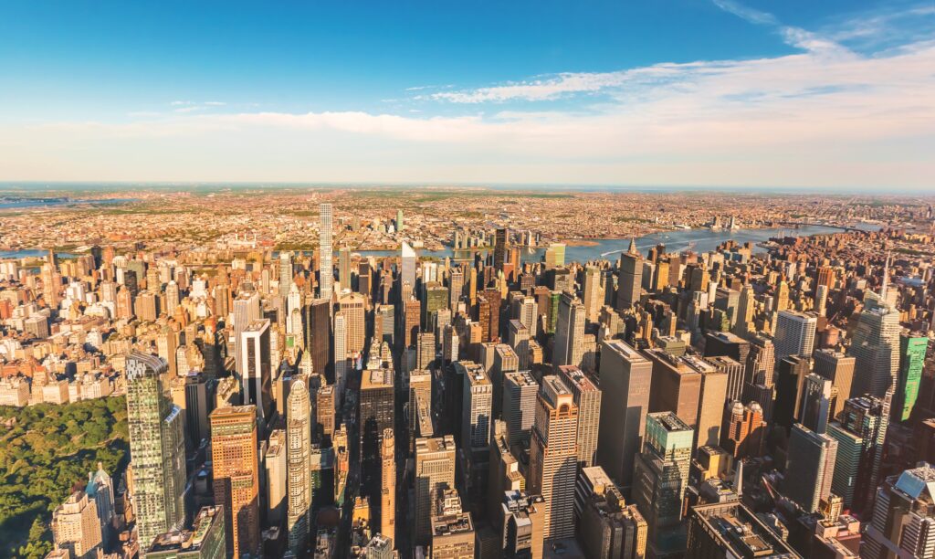 Aerial view of Manhattan New York looking east from Midtown.