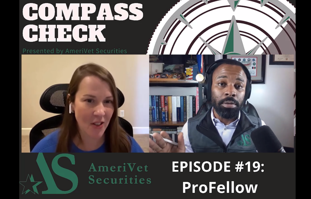 Dr. Vicki Johnson and Compass Check Podcast Host James Fitzgerald. The title of the podcast is at the top in a banner with AmeriVet Securities and Episode number on the bottom banner. Dr. Vicki Johnson, wearing a blue top is on left hand-side with James Host James Fitzgerald on the right wearing a windbreadker vest with the AmeriVet Securities logo.
