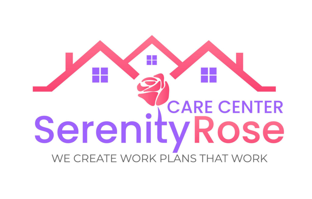 The logo for Betty's non-profit, Serenity Rose. The logo is pink with outlines of houses behind the words. The Rose is in pink while Serenity and Care Center is in Pink.