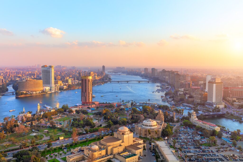 Aerial view of Cairo city at sunset, panorama shot from the Tower. This image is representative of the upcoming fellowship deadlines for fellowships at American University in Cairo.