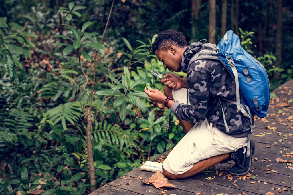 Young Black professional biologist kneeling, looking at a leaf with a magnifying glass. He is wearing white cargo shorts, a gray camouflage sweatshirt, and blue backpack. He is on a trail with greenery around him. The image is representative of upcoming fellowship deadlines in tropical research.